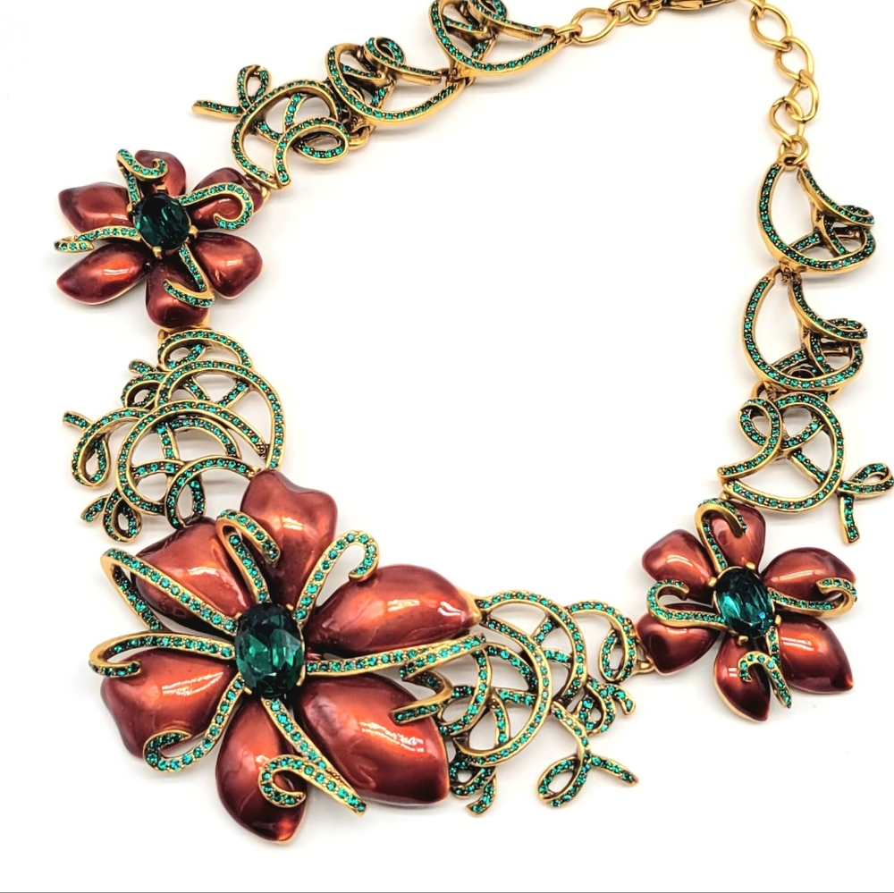 Oscar de la Renta Red Enamel Emerald Swarovski Crystal Flower Statement Necklace
